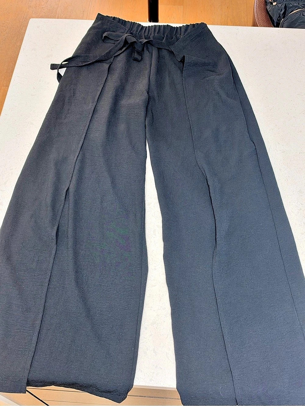 Zara Black Wide Leg Pants Tie Waist Elastic Waistband Size S